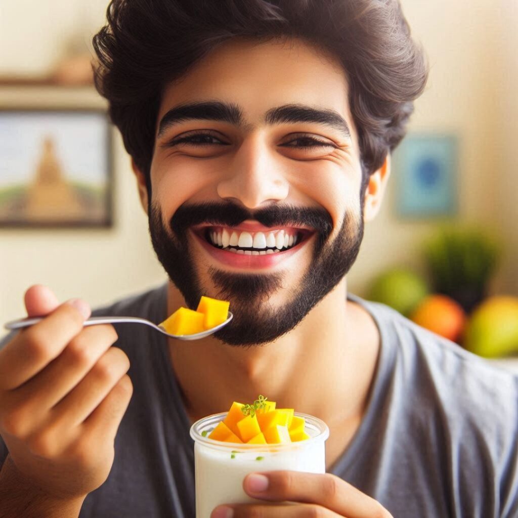 Homem Comendo iogurte de manga com coco