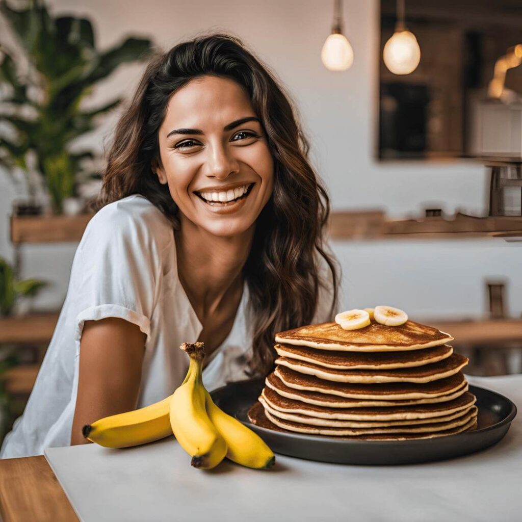 mulher apresentando panqueca de banana